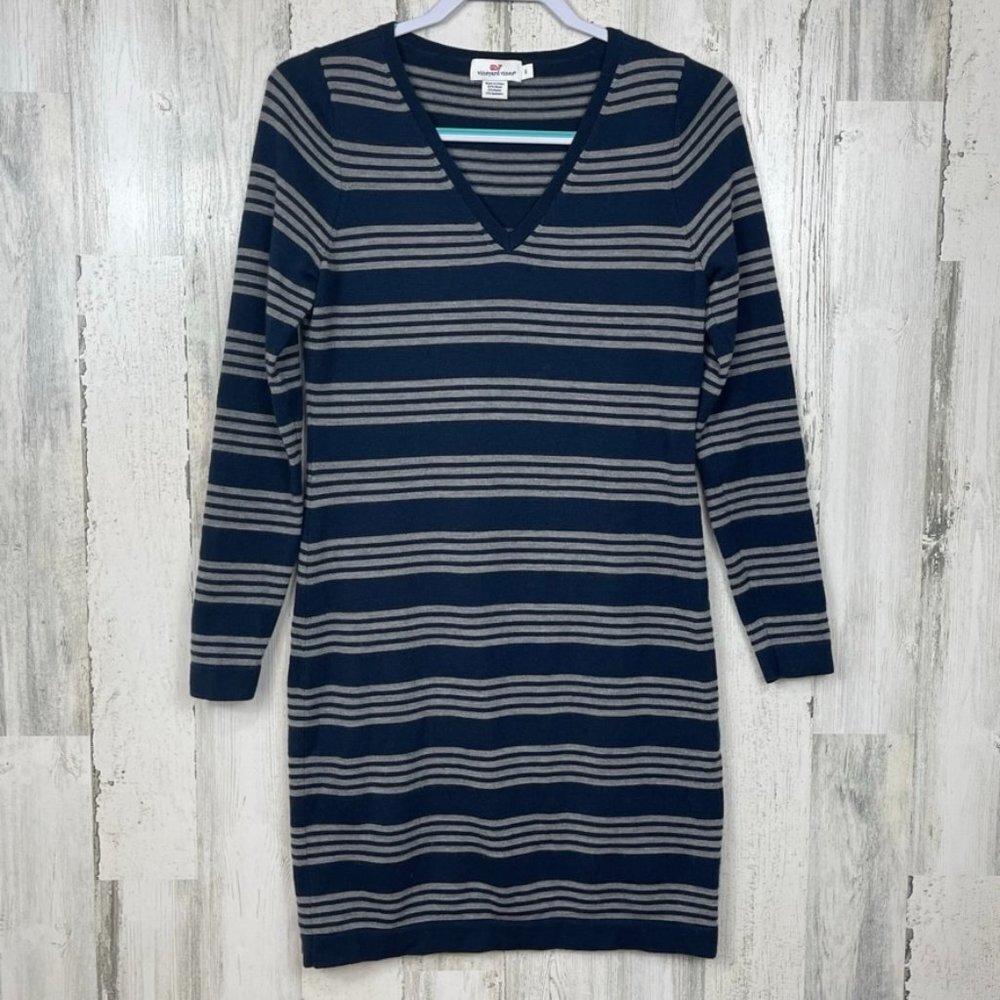 Vineyard Vines striped wool knit dress blue gray small v neck coastal nautical